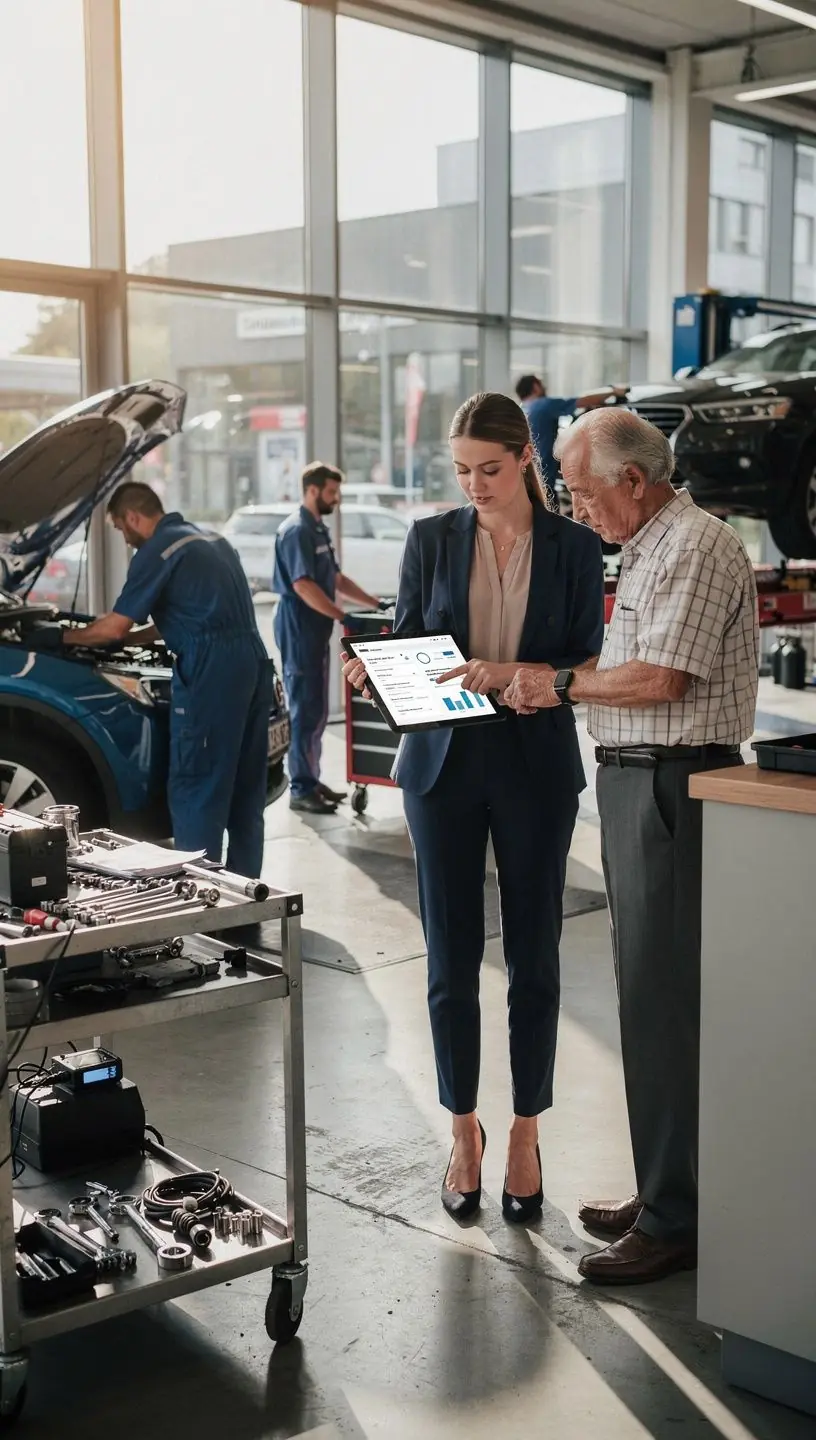 Ein moderner Auto-Service-Hub mit mehreren Fahrzeugen in der Werkstatt zur Inspektion und Wartung